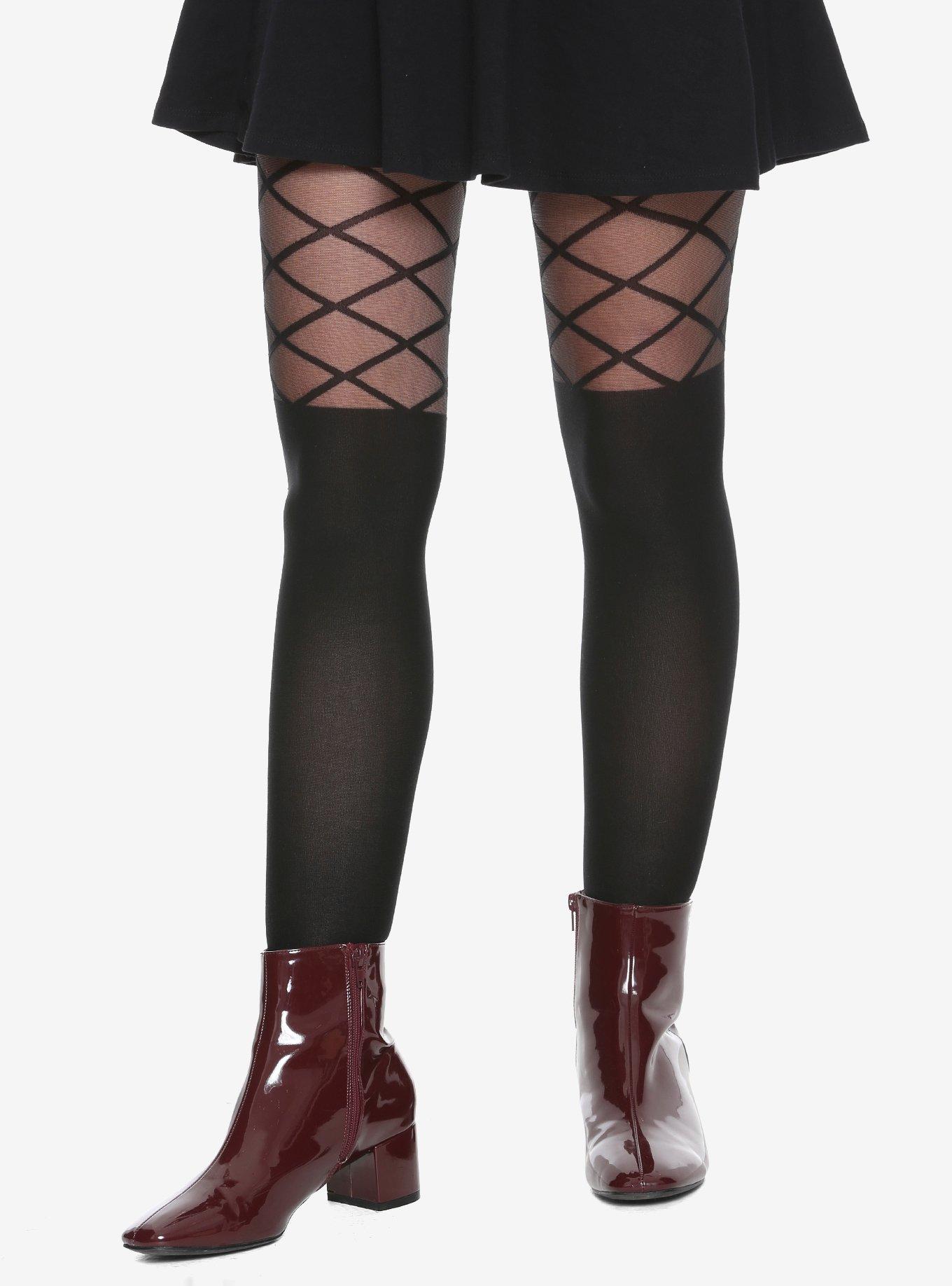 Blackheart Black Criss Cross Faux Thigh High Tights, BLACK, hi-res