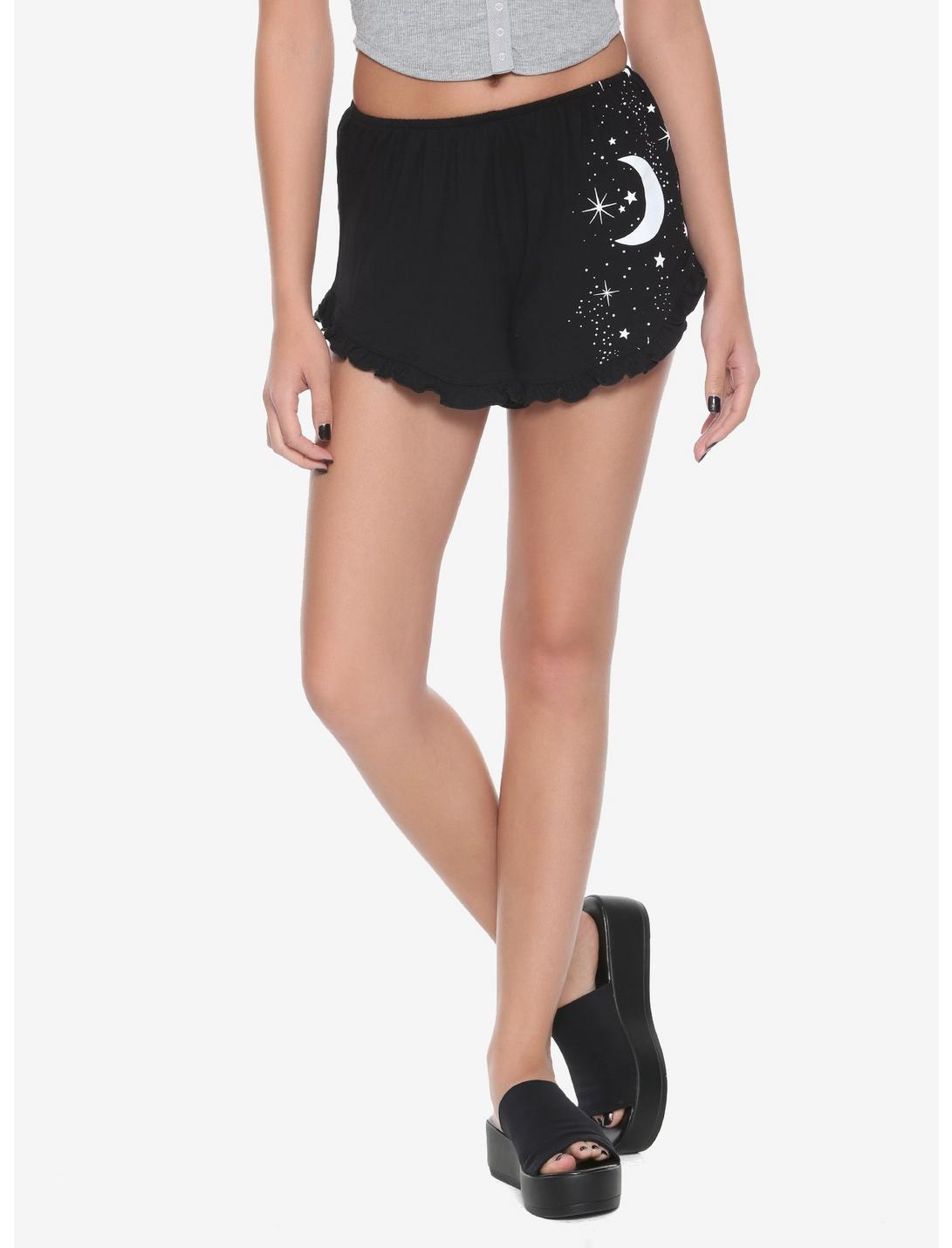 Crescent Moon & Stars Ruffle Shorts, BLACK, hi-res