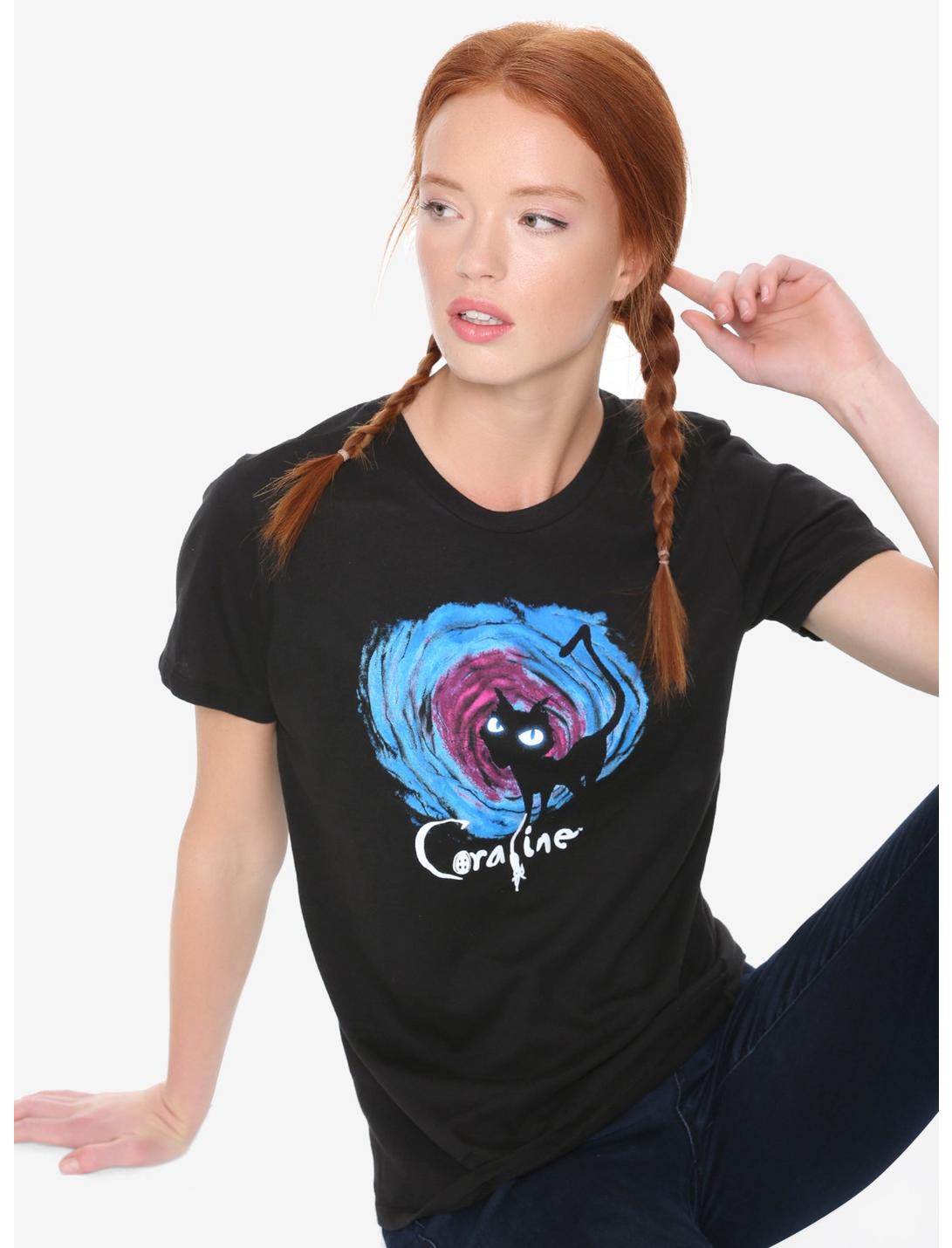 Coraline Tunnel Cat Womens Tee - BoxLunch Exclusive, BLACK, hi-res