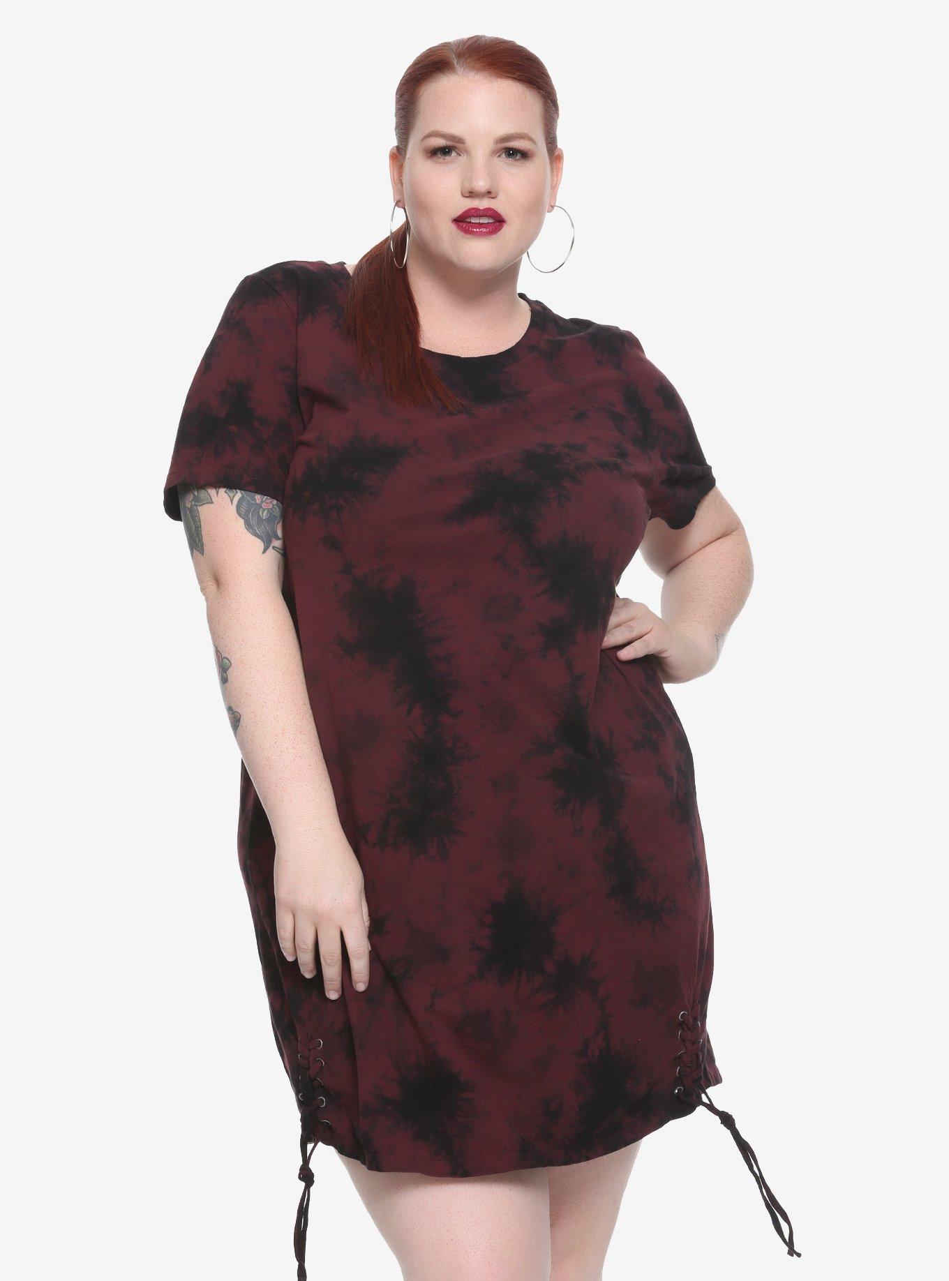 Burgundy & Black Tie-Dye T-Shirt Dress Plus Size, TIE DYE, hi-res