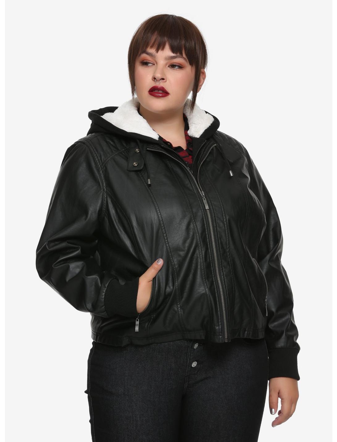 Black Faux Leather Hooded Sherpa Girls Jacket Plus Size, BLACK, hi-res