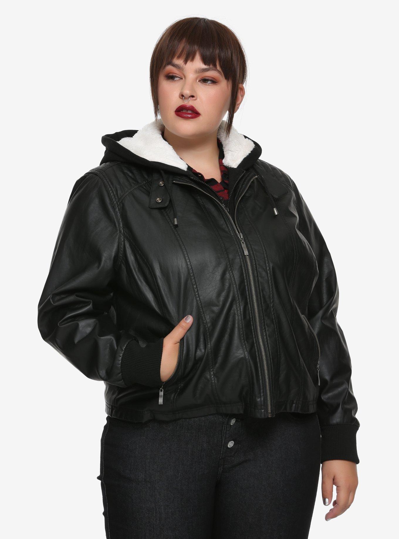 Black Faux Leather Hooded Sherpa Girls Jacket Plus Size, BLACK, hi-res