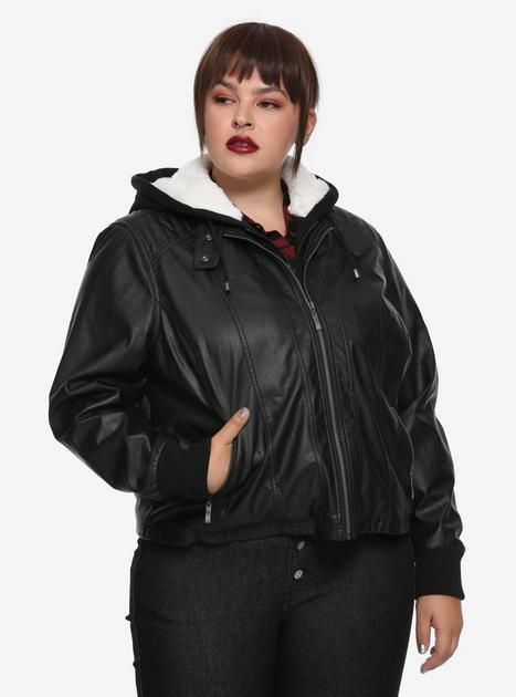 Black Faux Leather Hooded Sherpa Girls Jacket Plus Size | Hot Topic