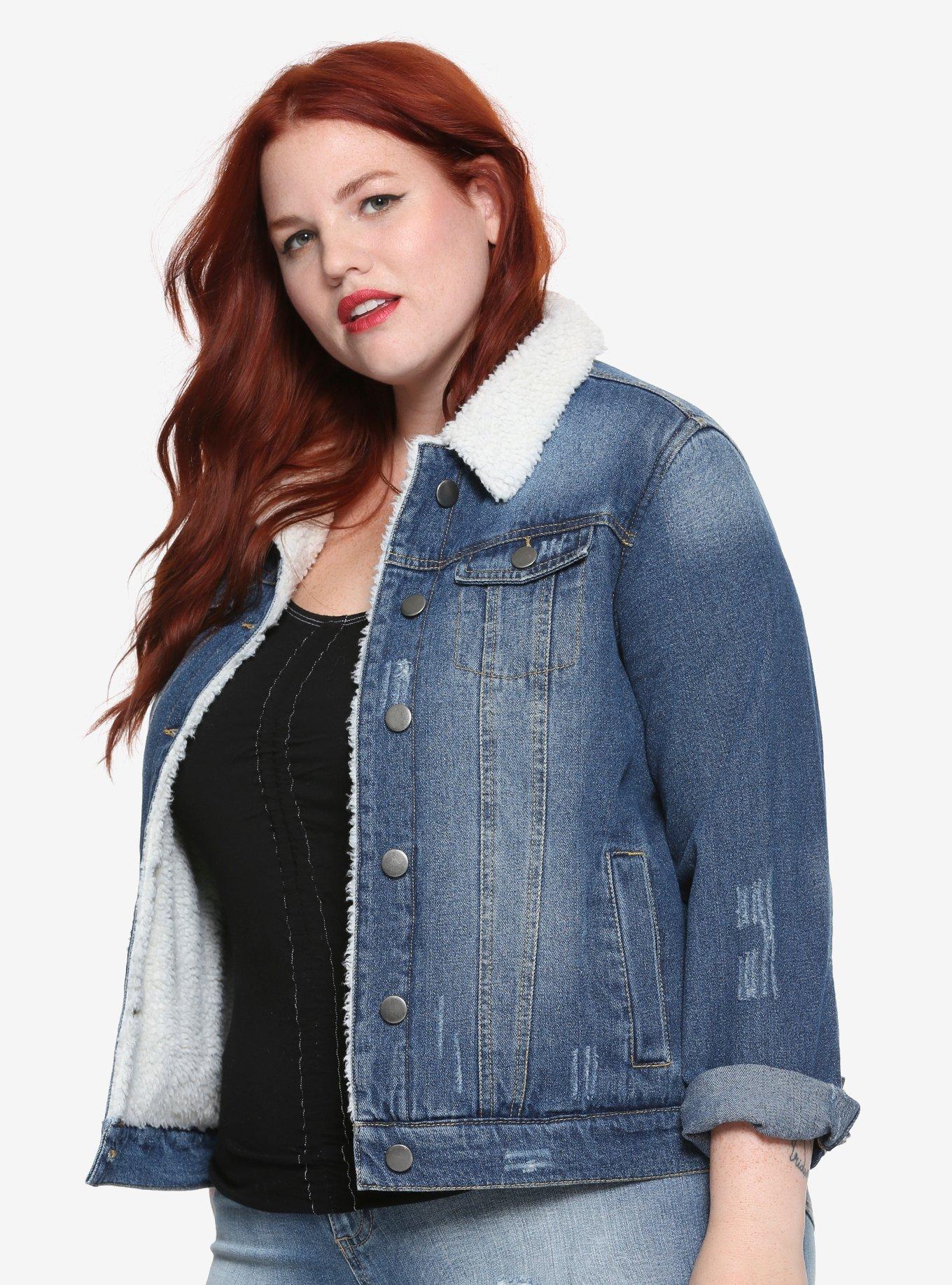 Denim Sherpa Collar Girls Jacket Plus Size, BLUE, hi-res