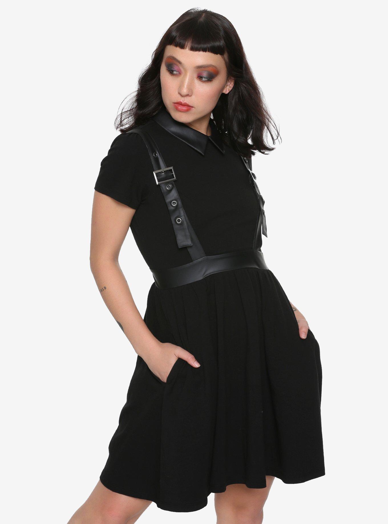 Harness black dress with basquine, leather straps, o-rings, witch