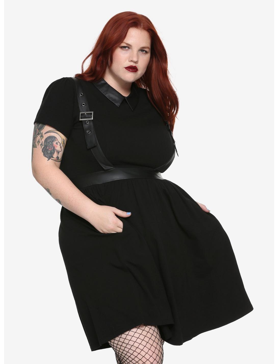 Black Faux Leather Harness Dress Plus Size, BLACK, hi-res