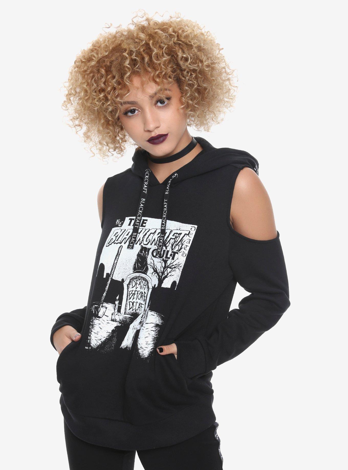 BlackCraft Death Before Decaf Cold Shoulder Girls Hoodie Hot Topic Exclusive, BLACK, hi-res