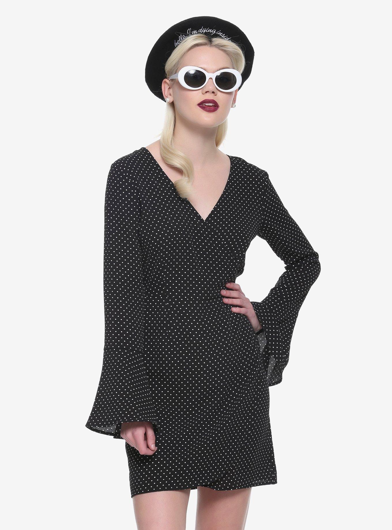 Black & White Polka Dot Wrap Dress, BLACK, hi-res
