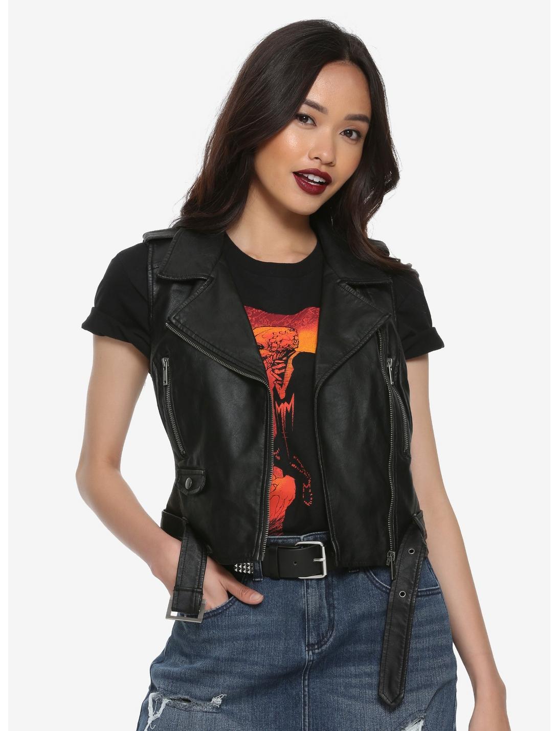 Black Faux Leather Girls Moto Vest, BLACK, hi-res