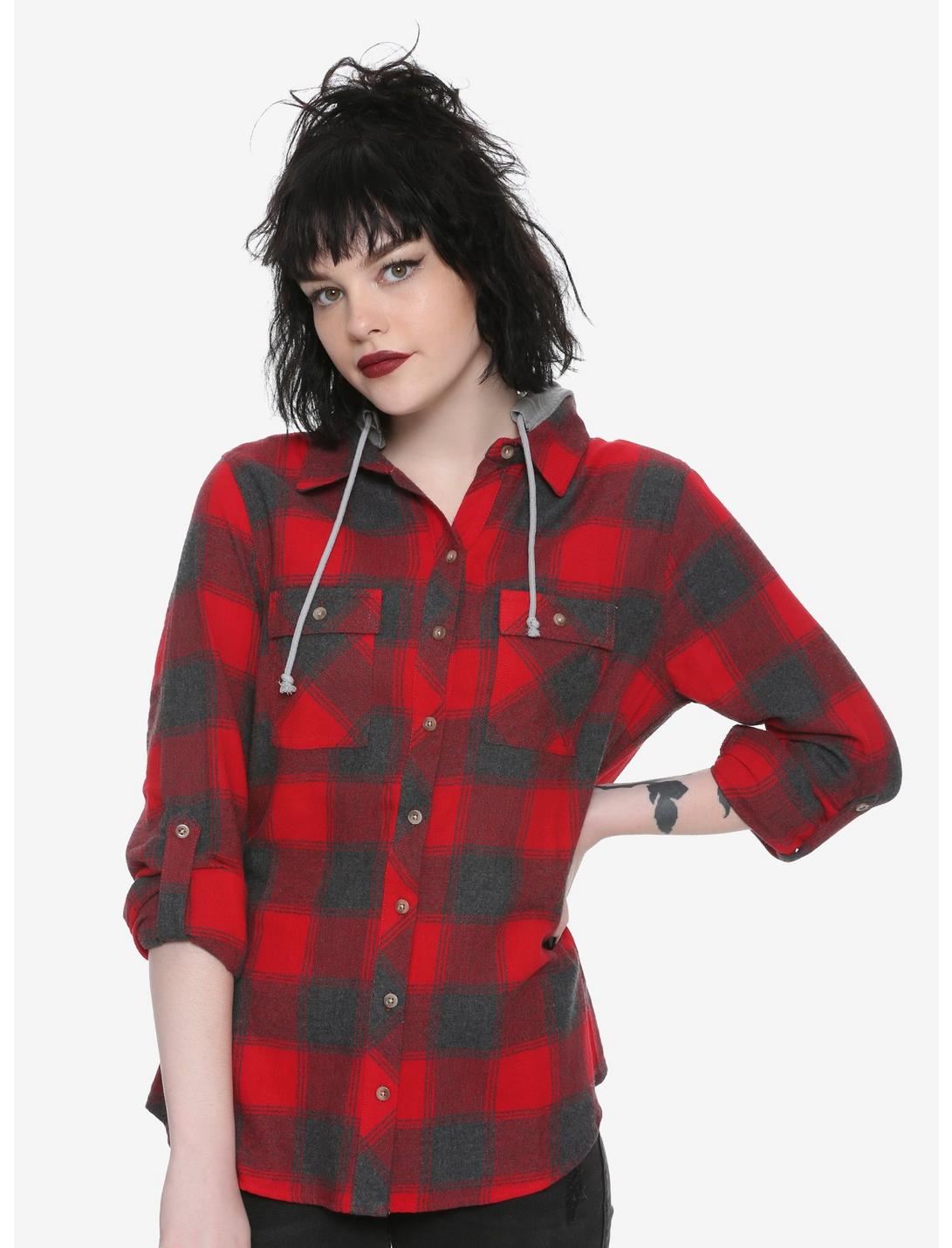 Red & Grey Plaid Hooded Girls Flannel Button-Up, RED, hi-res