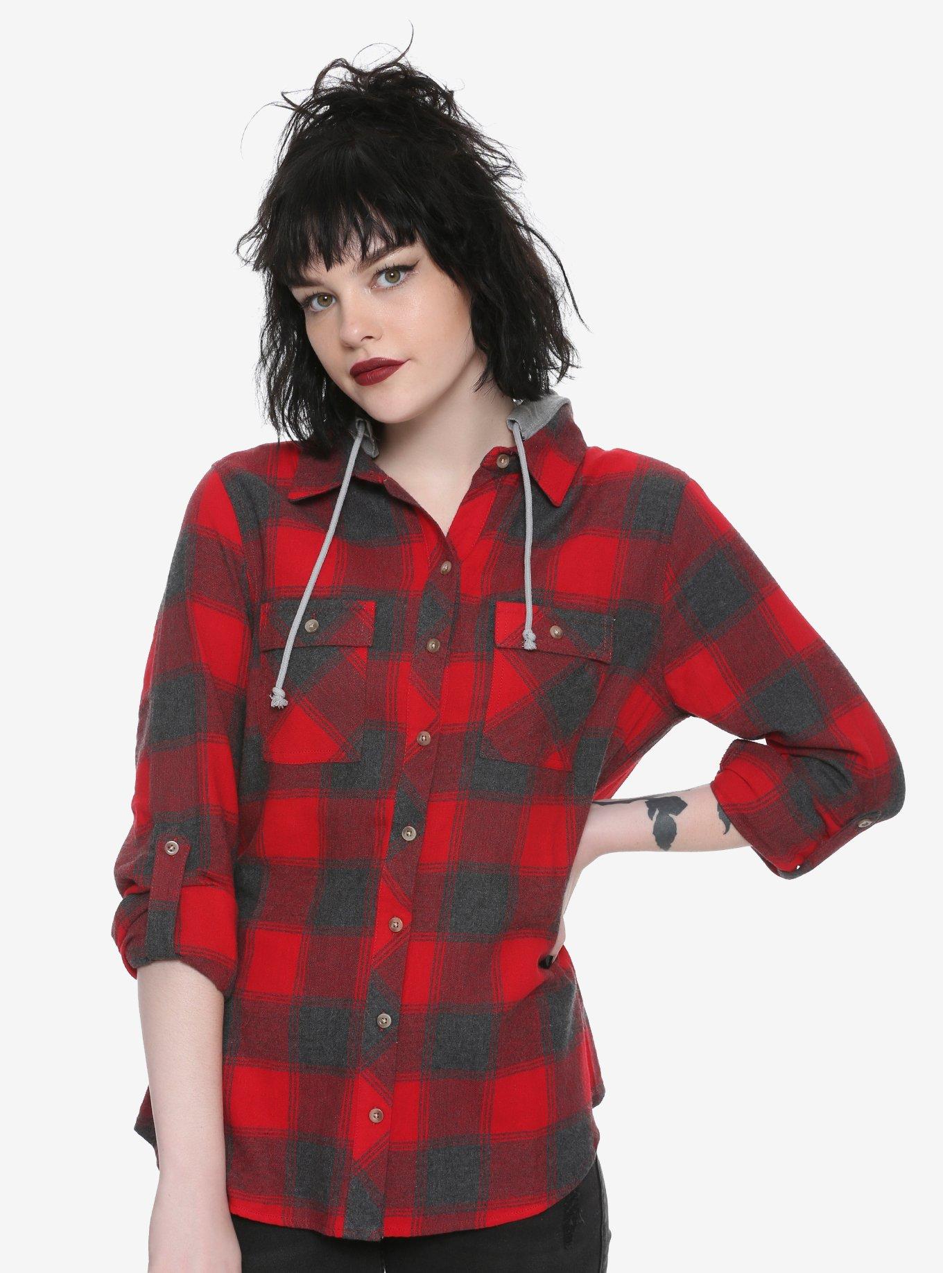 Red & Grey Plaid Hooded Girls Flannel Button-Up, RED, hi-res