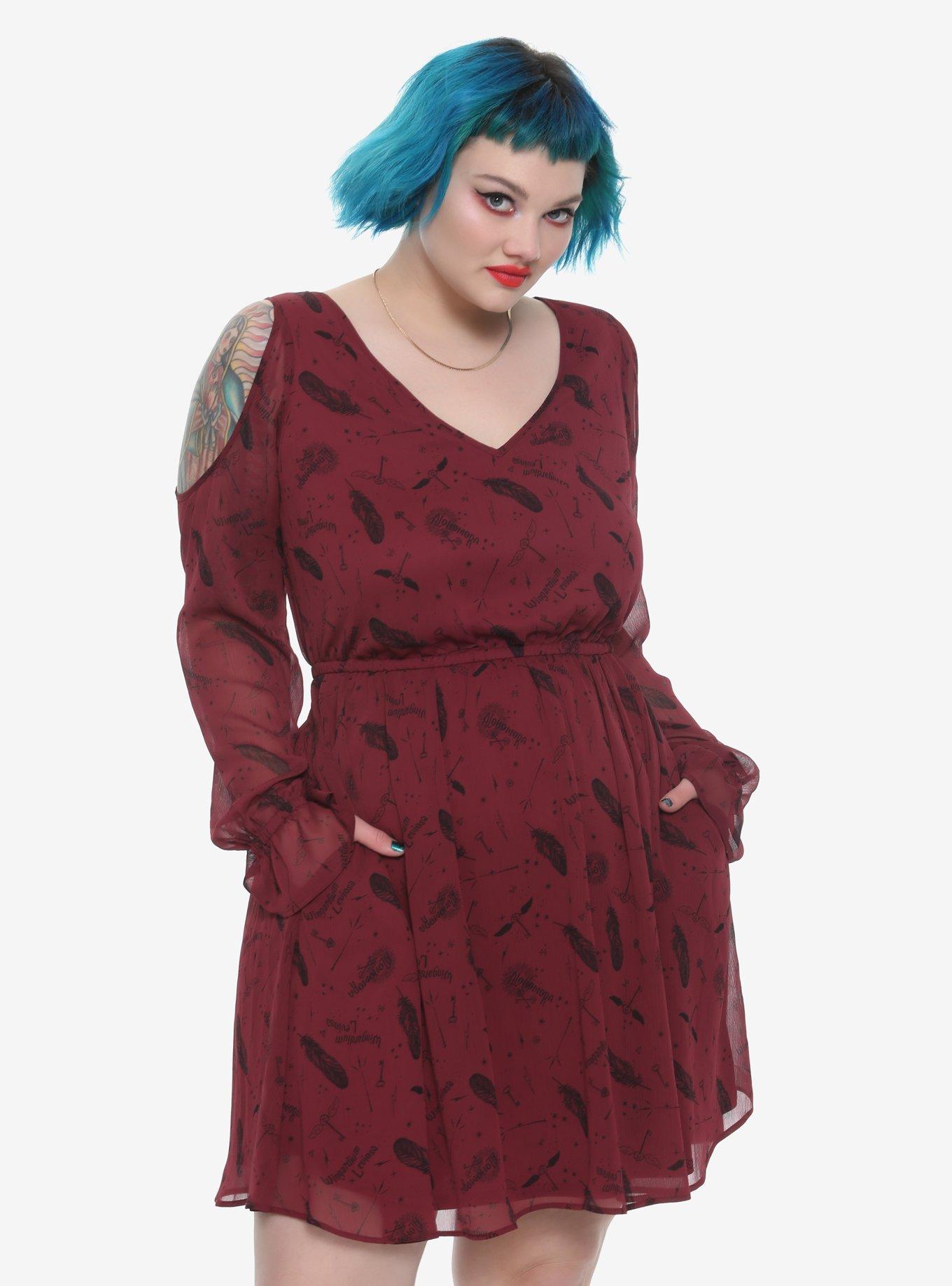 Harry Potter Sheer Cold Shoulder Dress Plus Size, BURGUNDY, hi-res