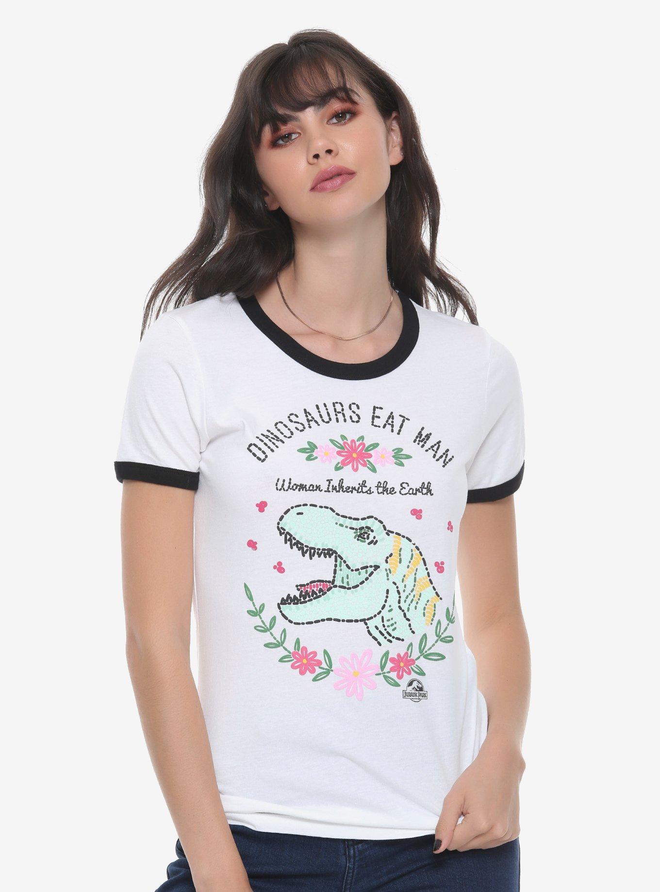 Jurassic Park Dinosaurs Eat Man Embroidered Girls Ringer T-Shirt, WHITE, hi-res