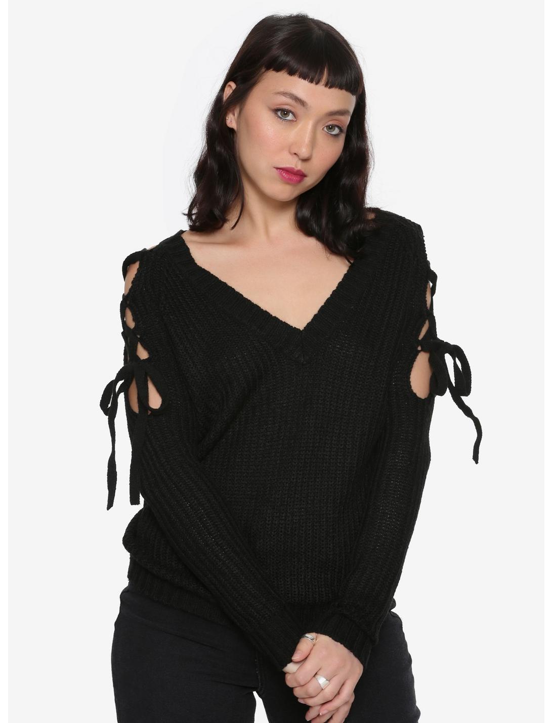 Black Lace-Up Girls Cold Shoulder Sweater, BLACK, hi-res