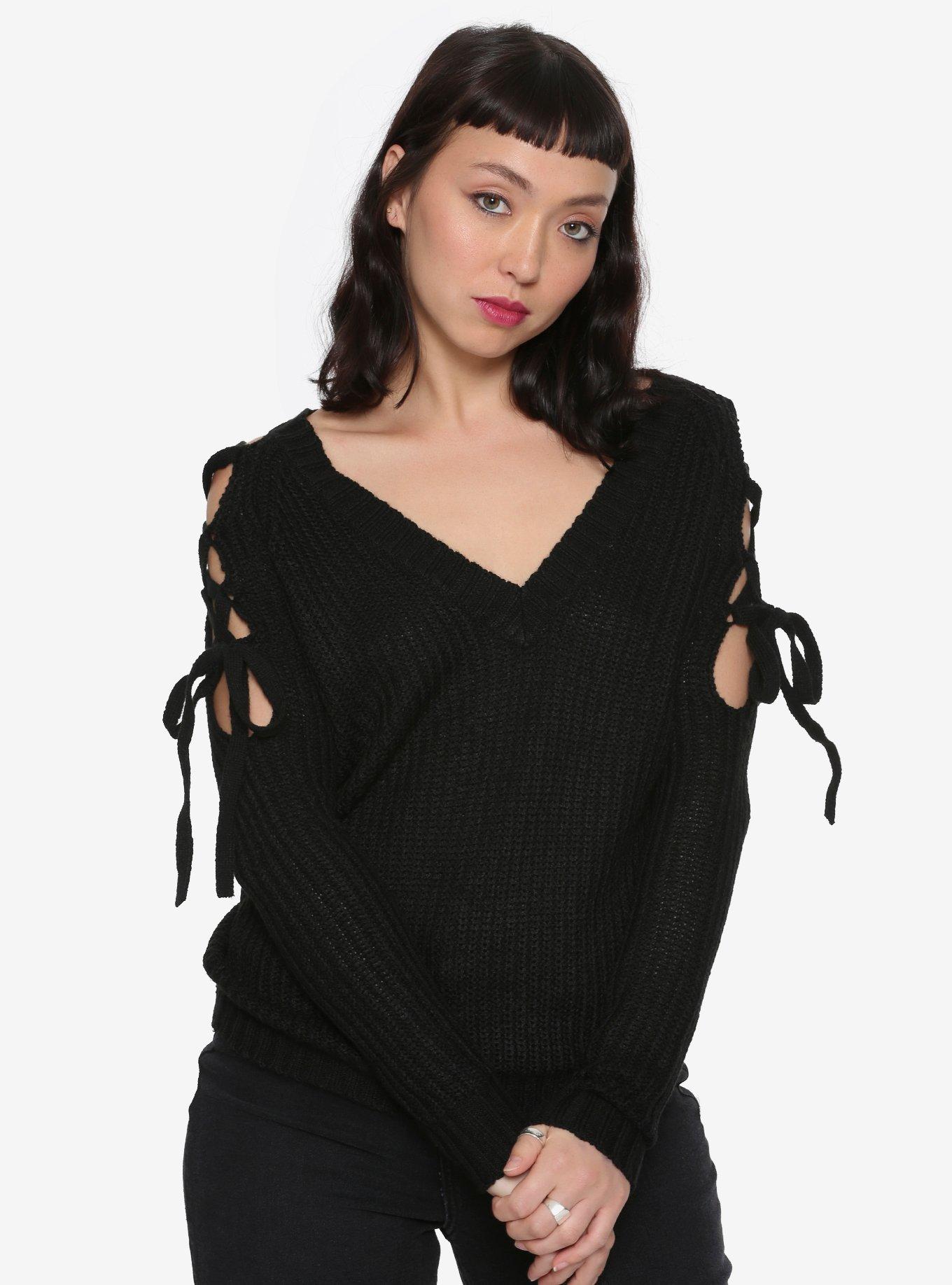 Black Lace-Up Girls Cold Shoulder Sweater, BLACK, hi-res