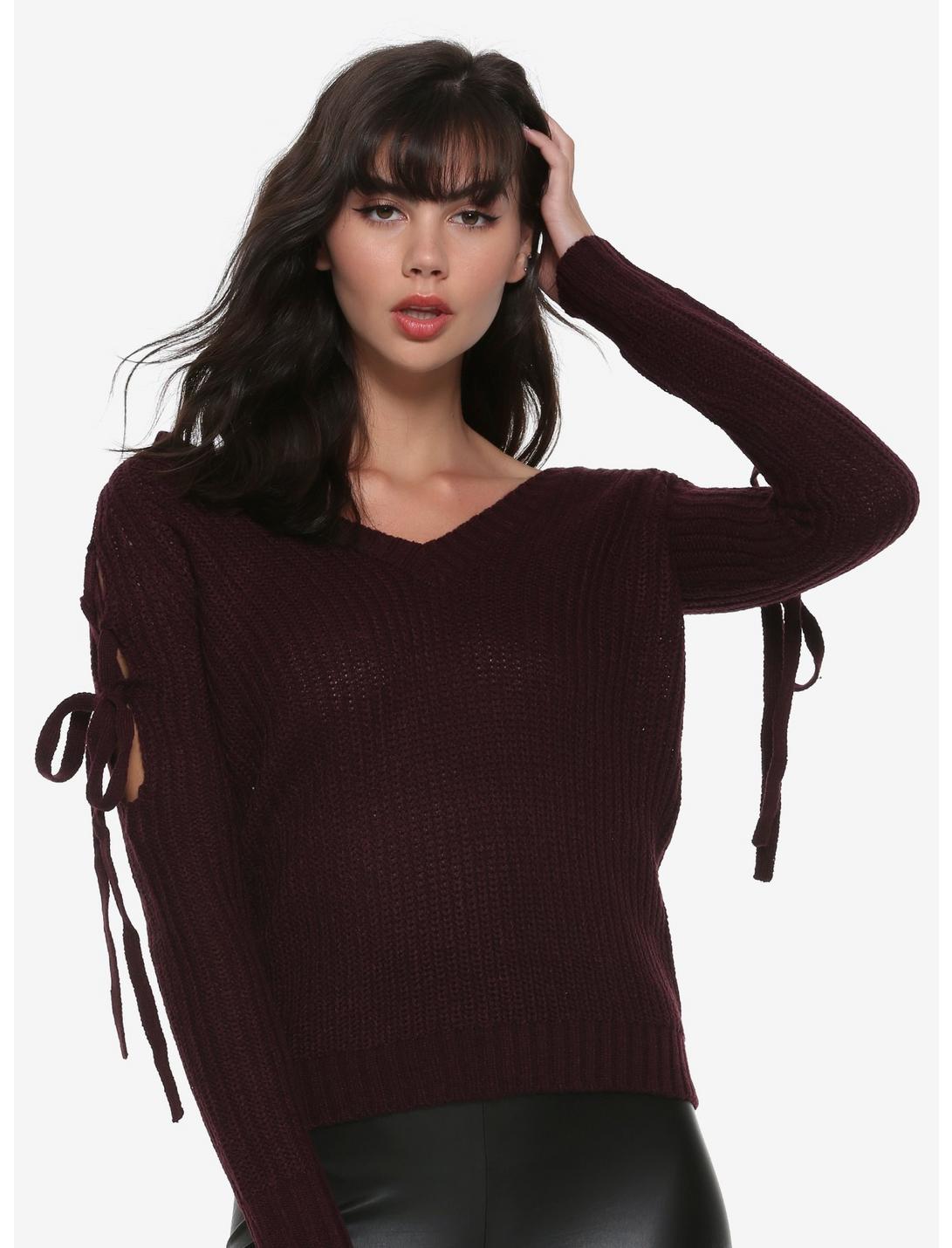 Burgundy Lace-Up Cold Shoulder Girls Sweater, PLUM, hi-res