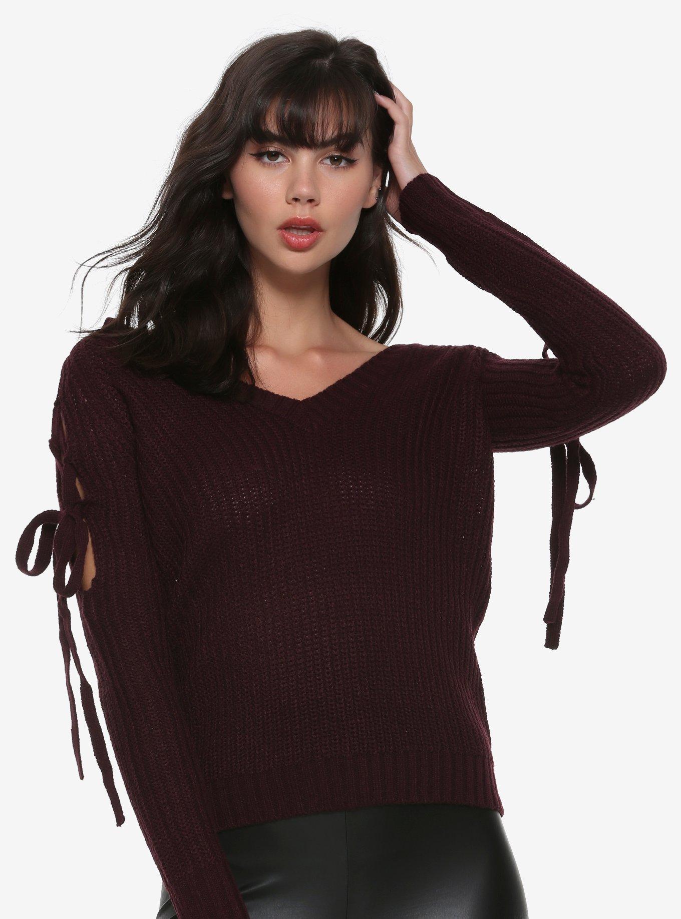 Burgundy Lace-Up Cold Shoulder Girls Sweater, PLUM, hi-res