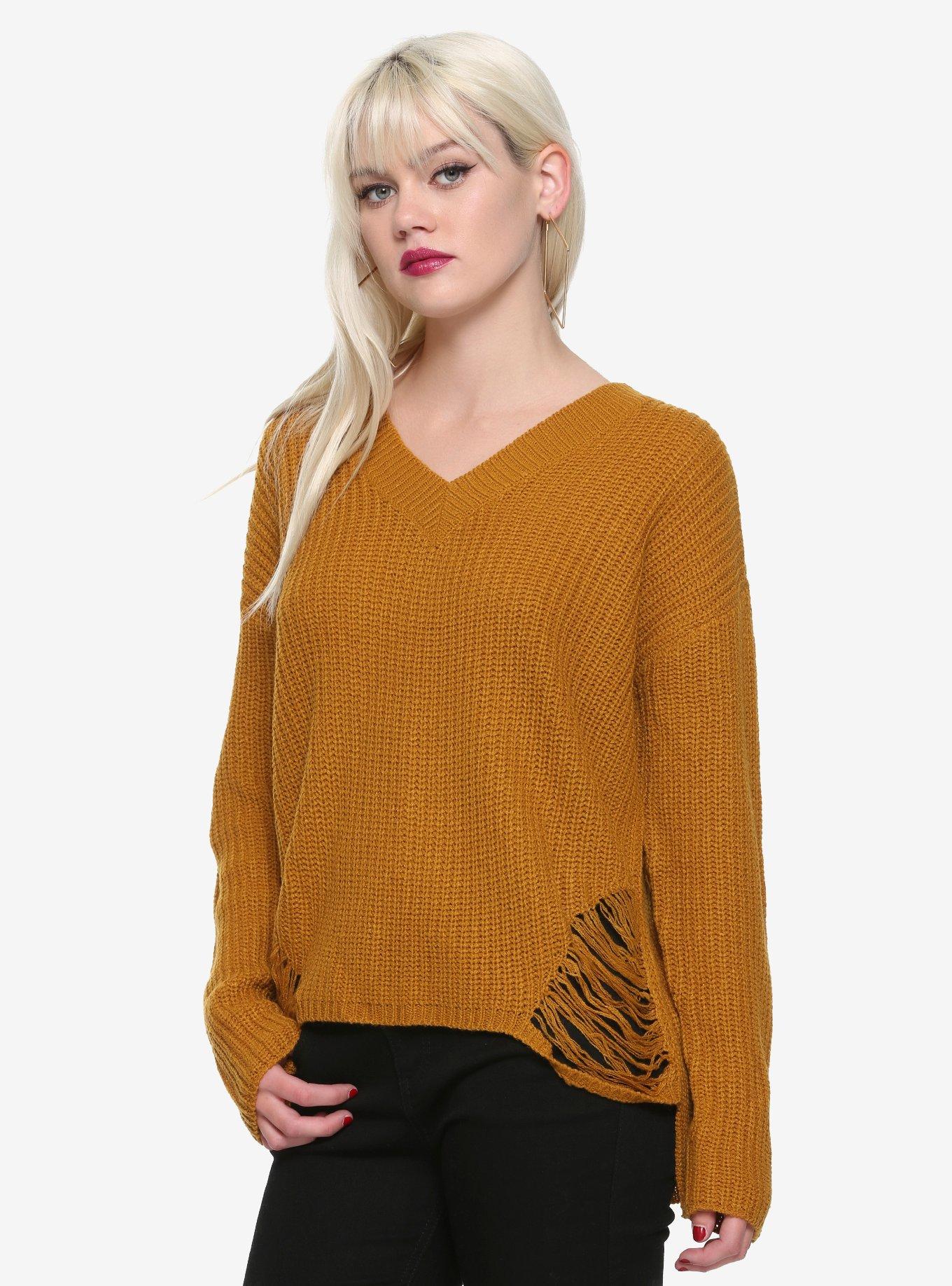 Mustard Yellow Deconstructed V-Neck Girls Sweater | Hot Topic