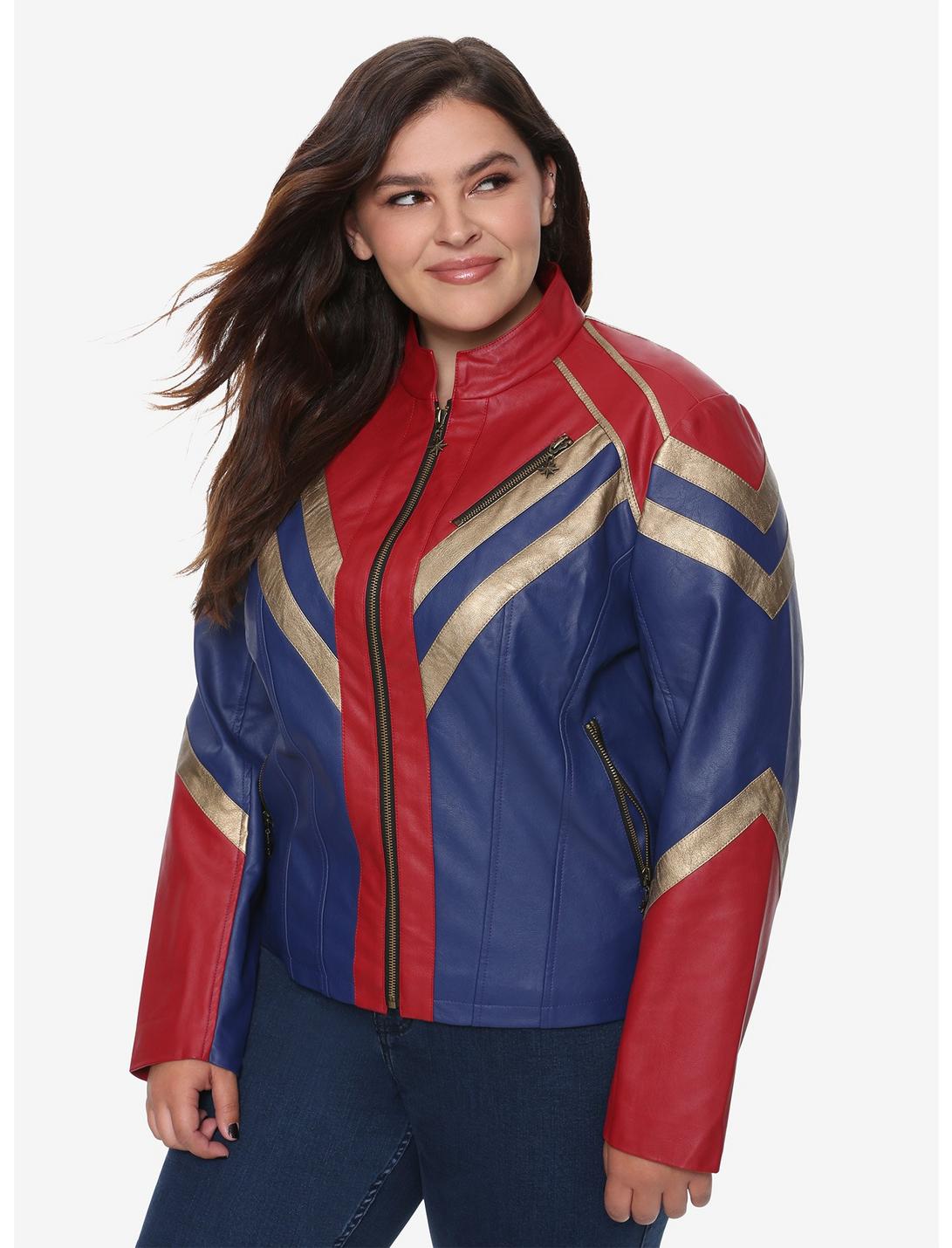 Marvel Captain Marvel Faux-Leather Jacket Plus Size, NAVY, hi-res