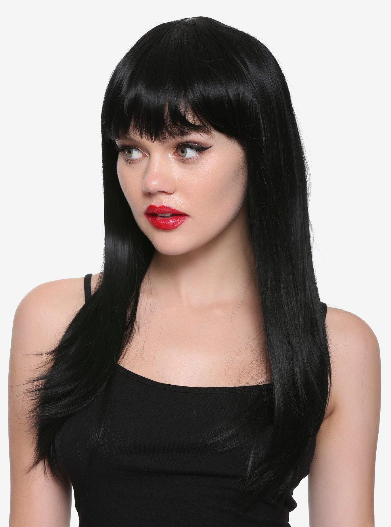 Long Black Wig With Bangs, , hi-res