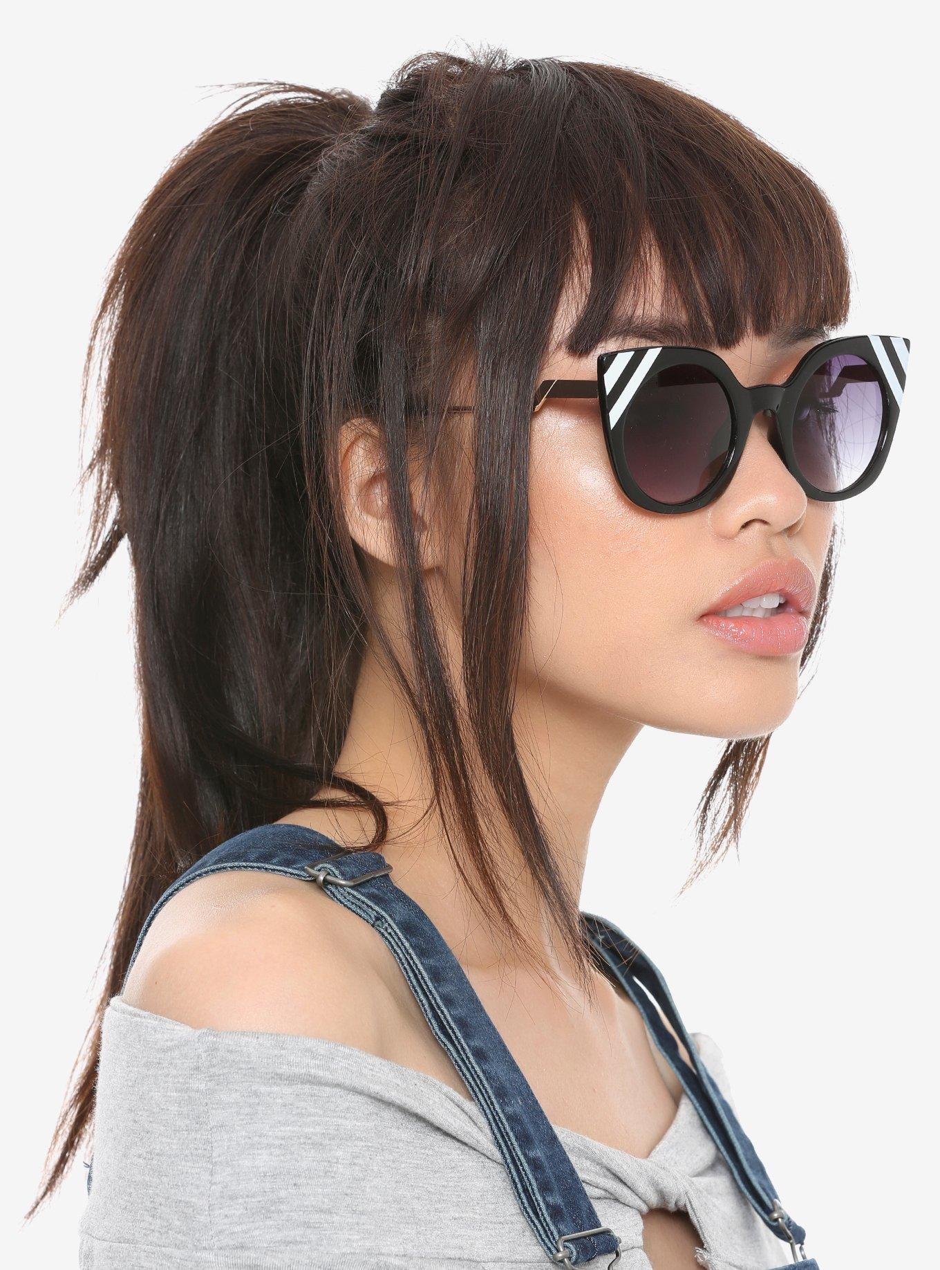 White Stripe Temple Black Cat Eye Sunglasses, , hi-res