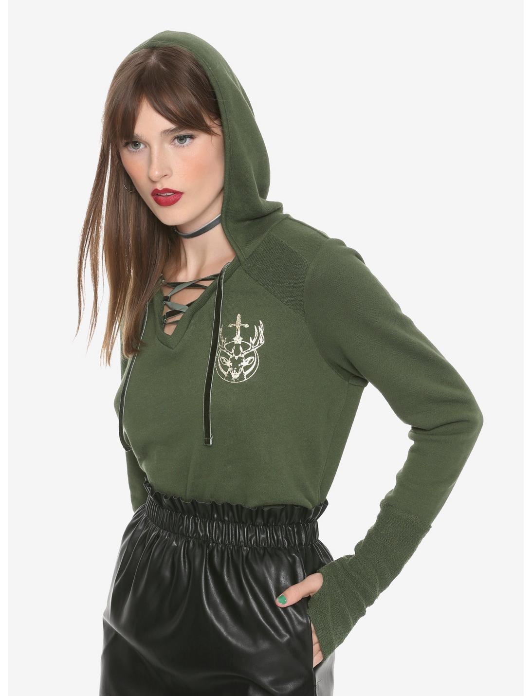 Outlander Lace-Up Girls Hoodie Hot Topic Exclusive, DARK GREEN, hi-res