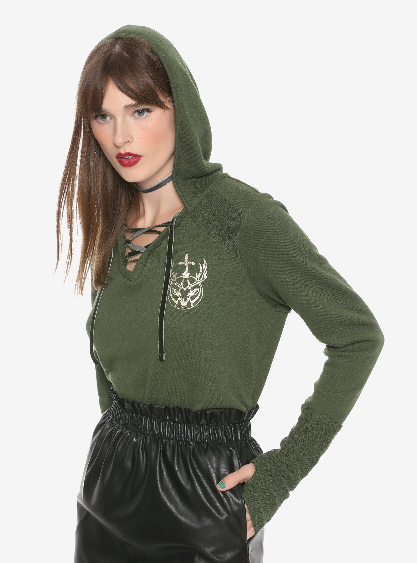 Outlander Lace-Up Girls Hoodie Hot Topic Exclusive, DARK GREEN, hi-res