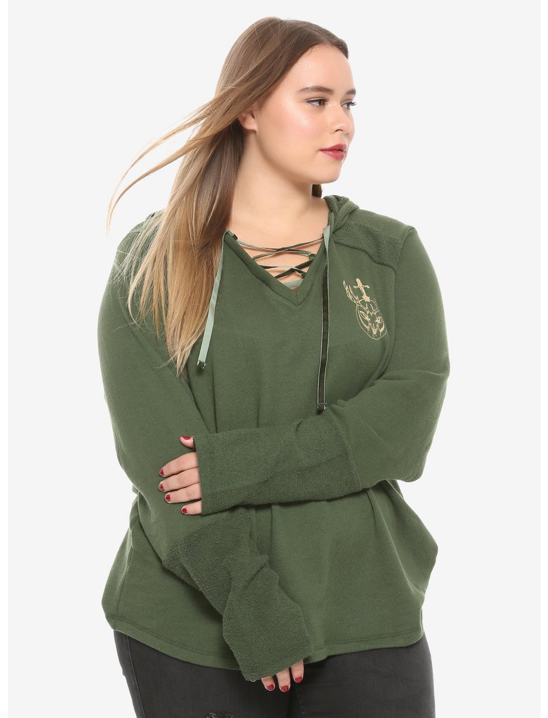 Outlander Lace-Up Girls Hoodie Plus Size Hot Topic Exclusive, DARK GREEN, hi-res