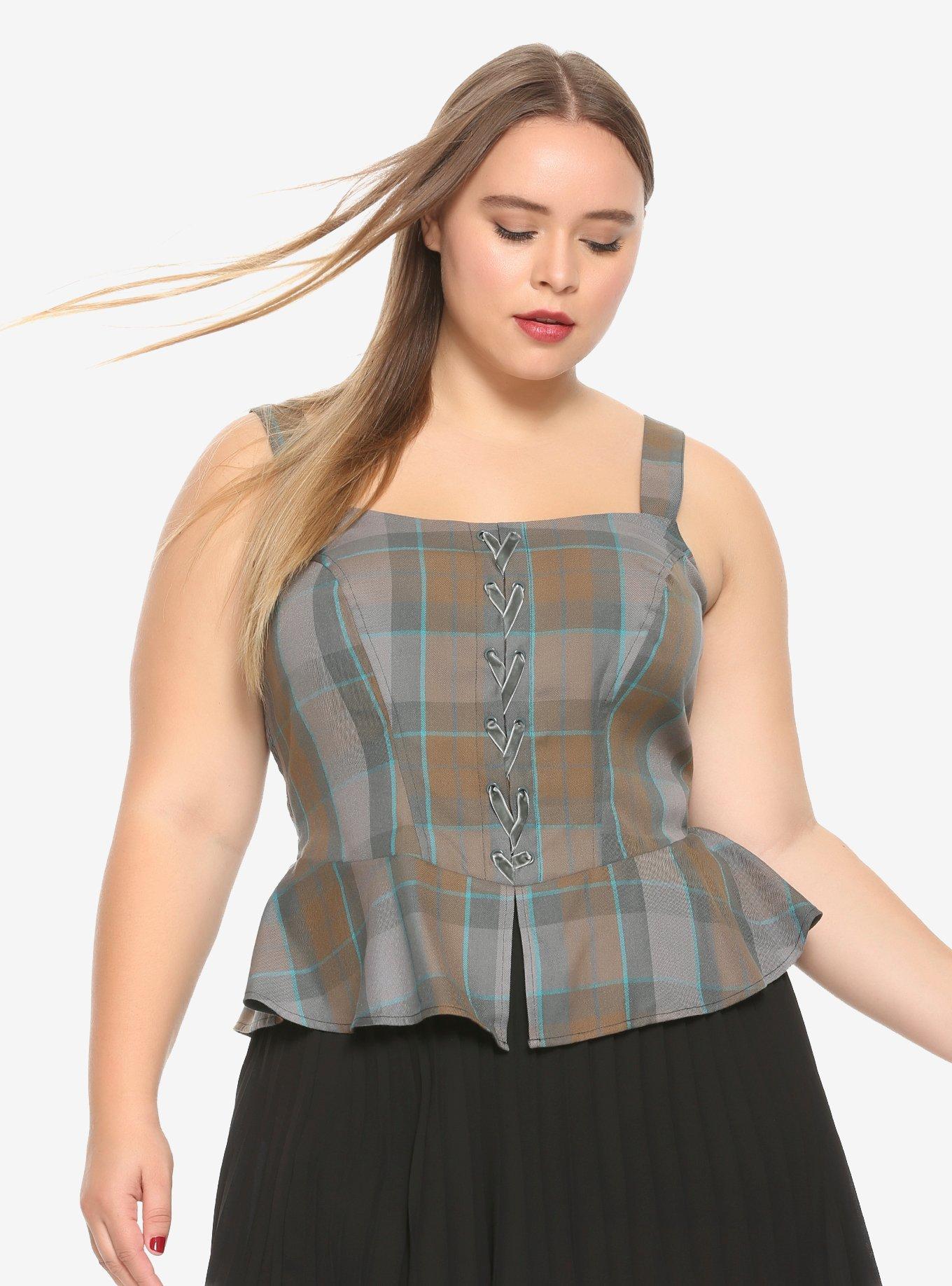 Outlander MacKenzie Tartan Peplum Corset Top Plus Size Hot Topic Exclusive, PLAID, hi-res