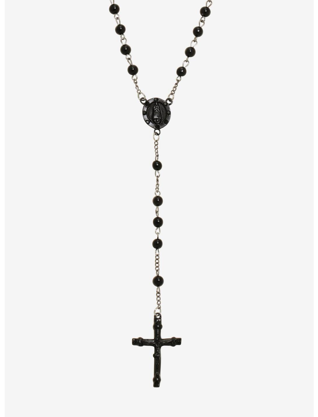 Blackheart Black Bead Rosary Necklace, , hi-res