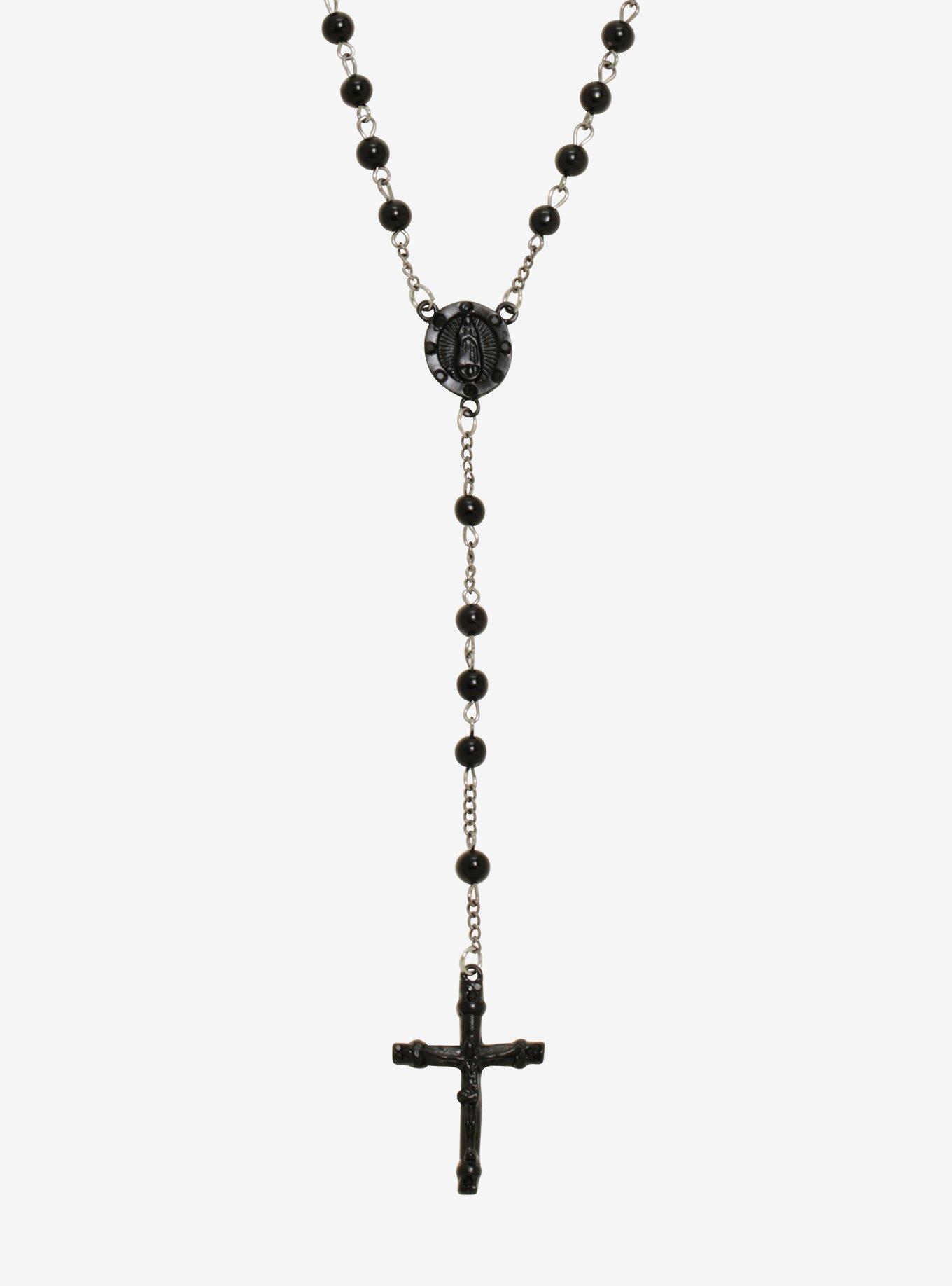 Blackheart Black Bead Rosary Necklace, , hi-res