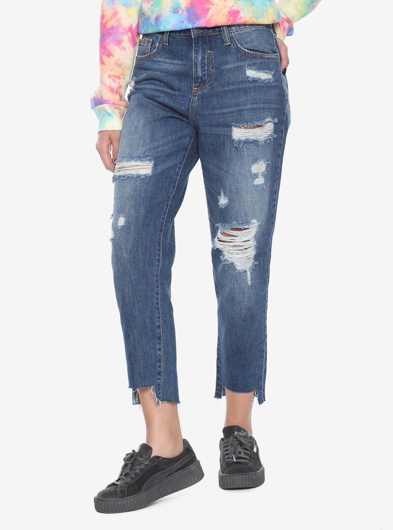 Indigo Destructed Girlfriend Jeans, BLUE, hi-res