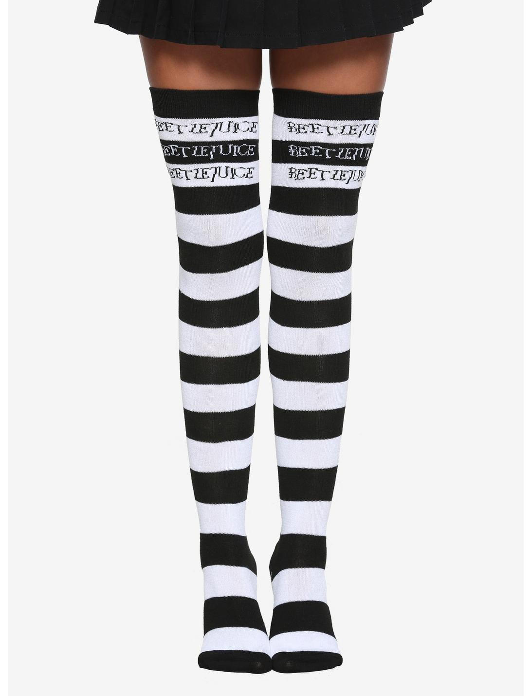 Beetlejuice Black & White Striped Over-The-Knee Socks, , hi-res