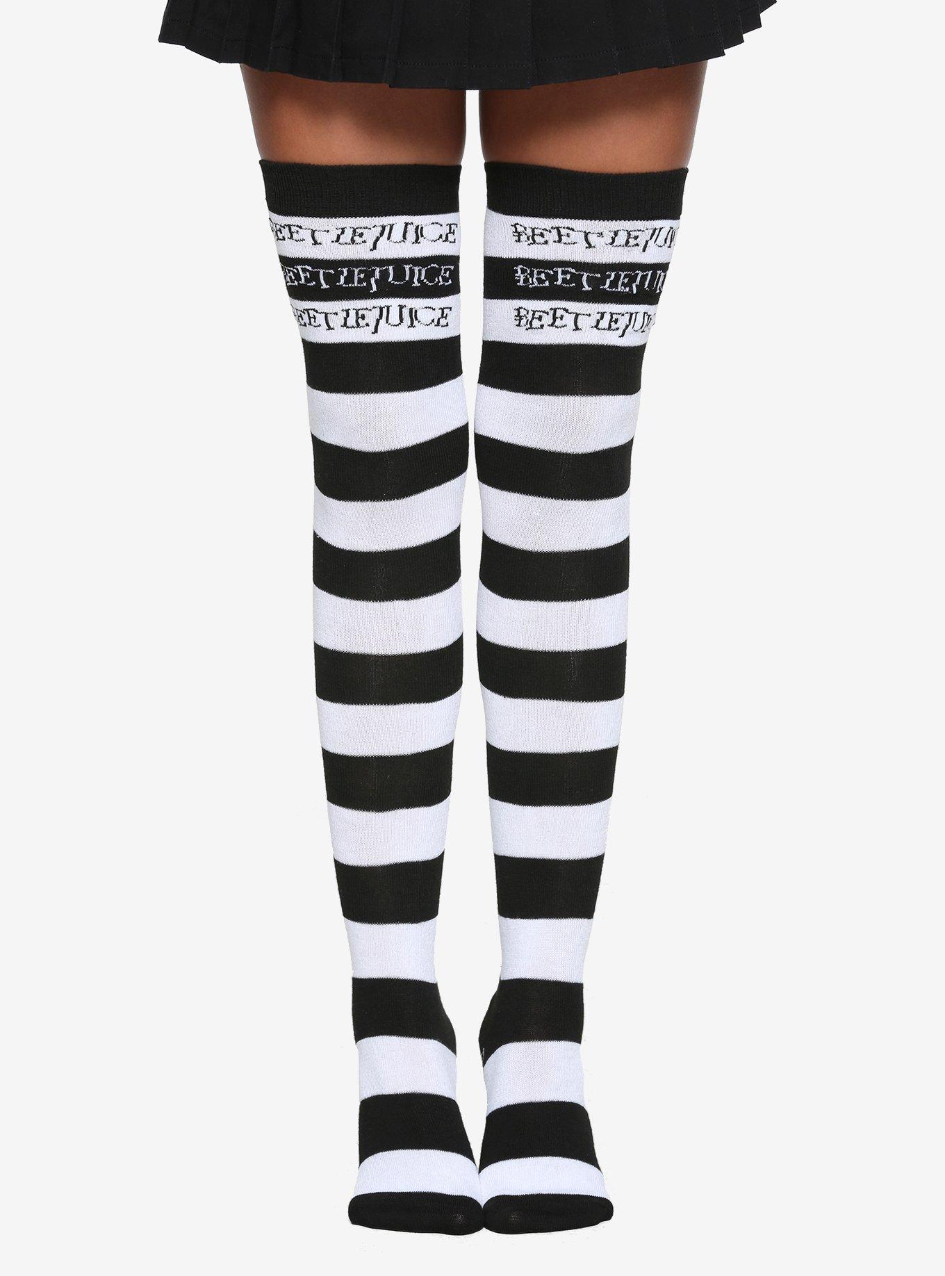 Beetlejuice Black & White Striped Over-The-Knee Socks, , hi-res