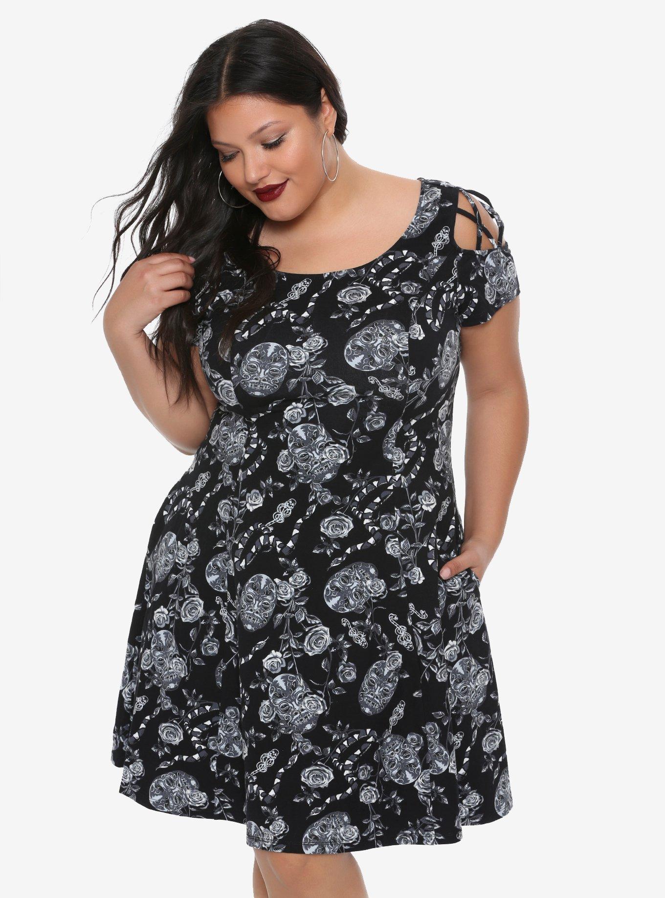 Harry Potter Floral Bellatrix Lestrange Lace-Up Dress Plus Size, BLACK, hi-res