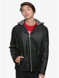 Black Hooded Faux Leather Jacket, BLACK, hi-res