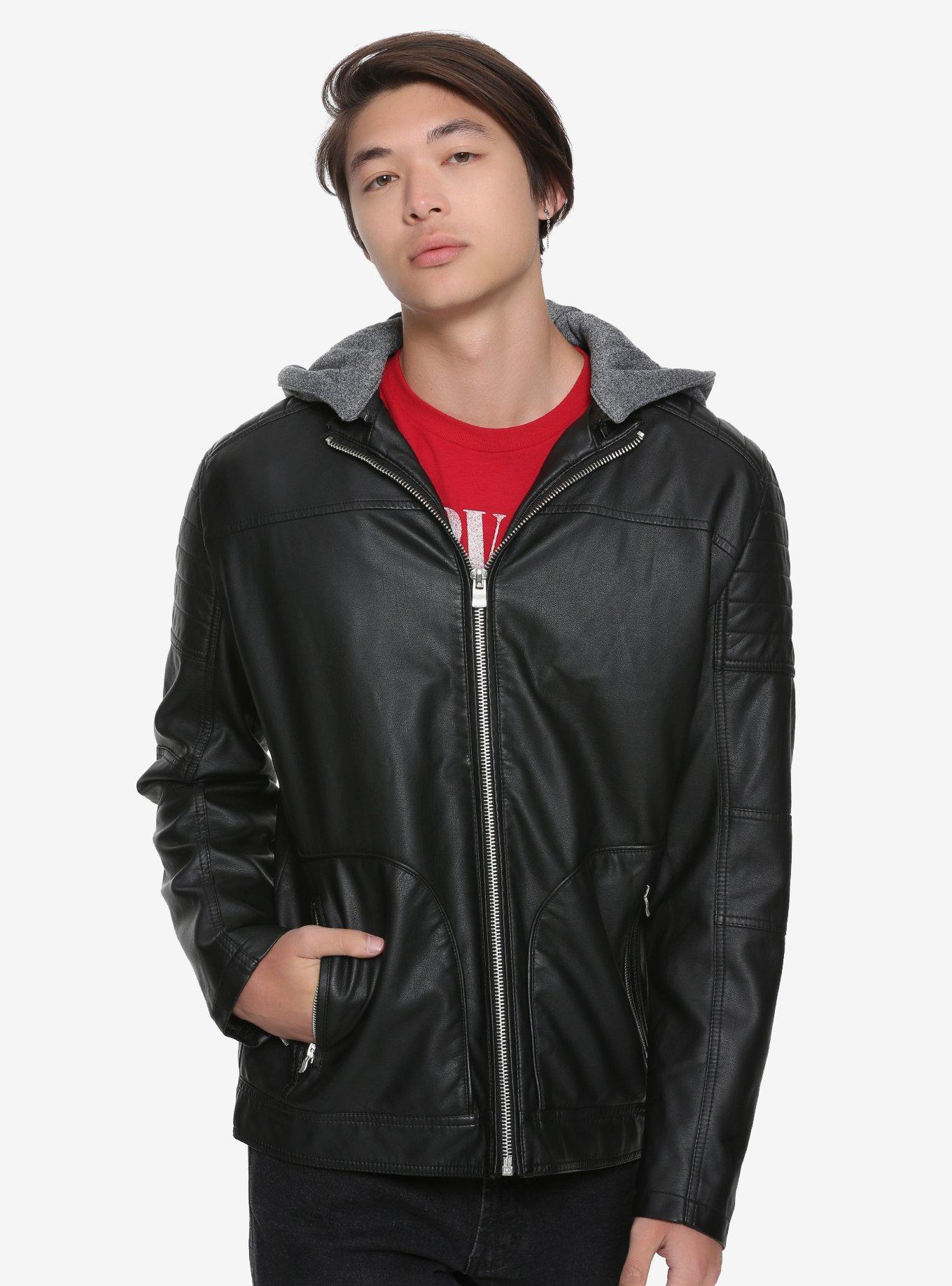 Black Hooded Faux Leather Jacket, BLACK, hi-res