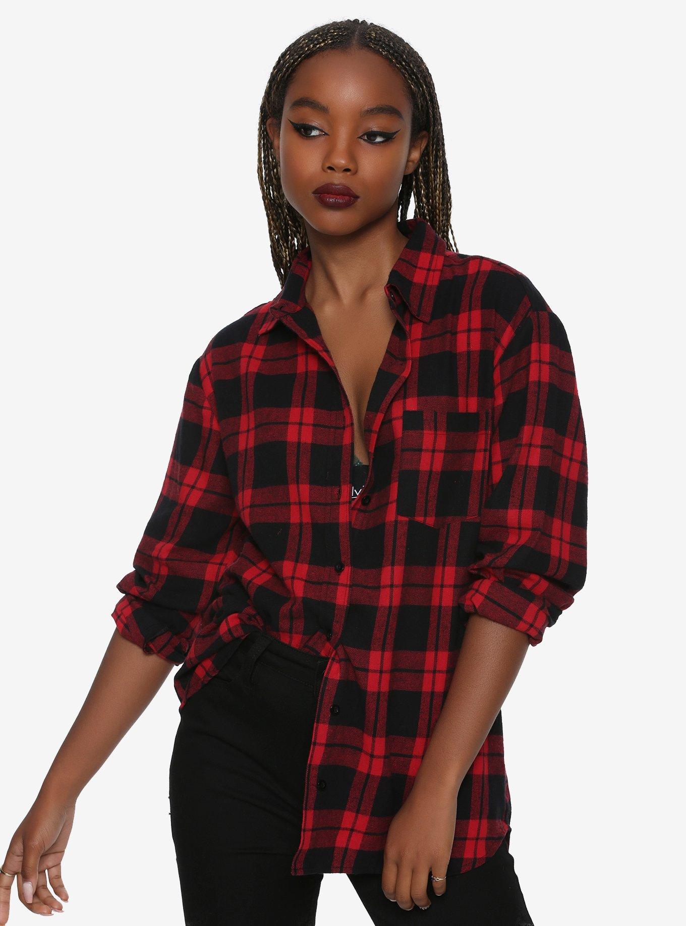 Black & Red Plaid Girls Button-Up, BLACK, hi-res