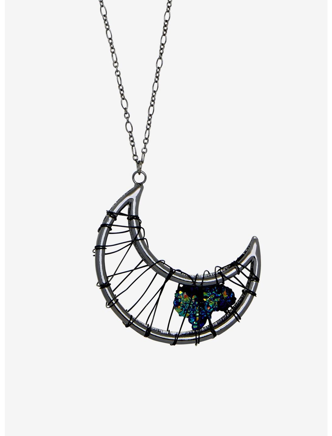 Blackheart Druzy Stone Caged Moon Necklace, , hi-res