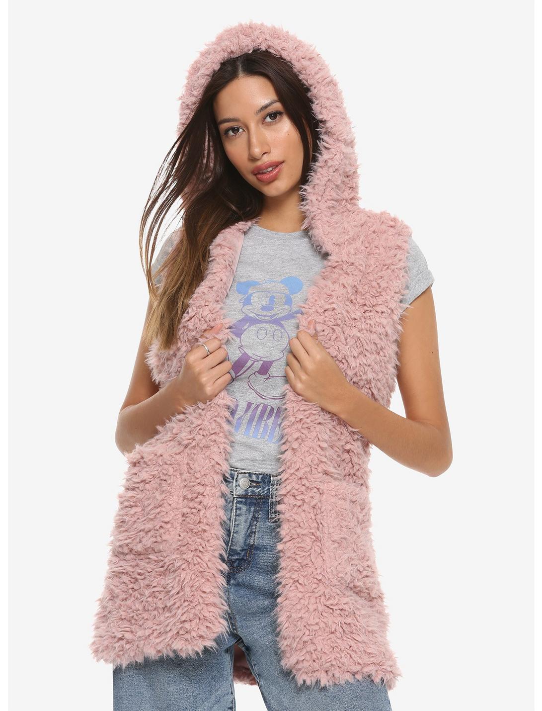 Pink Fuzzy Girls Hooded Vest, PINK, hi-res