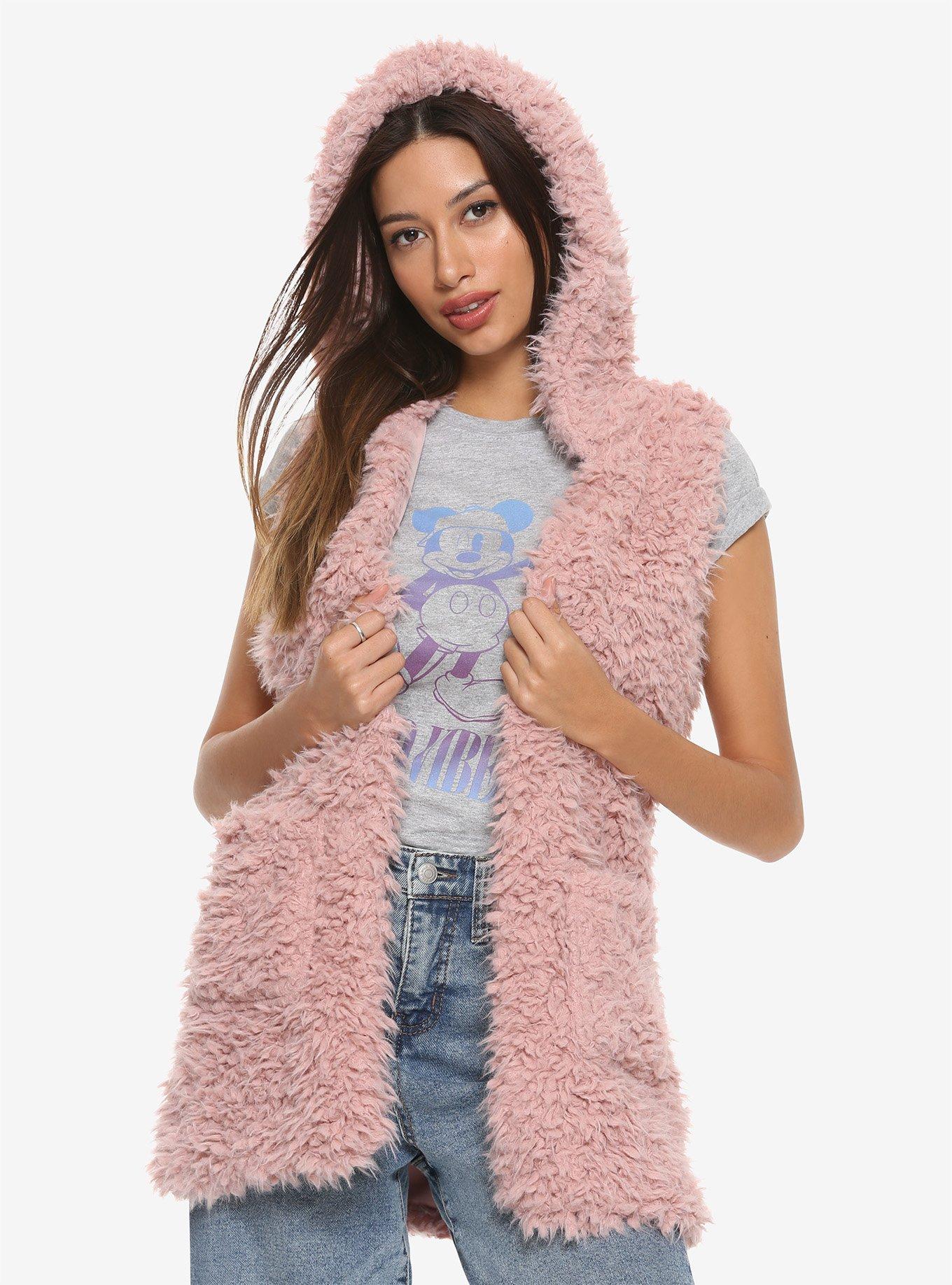 Pink Fuzzy Girls Hooded Vest, PINK, hi-res