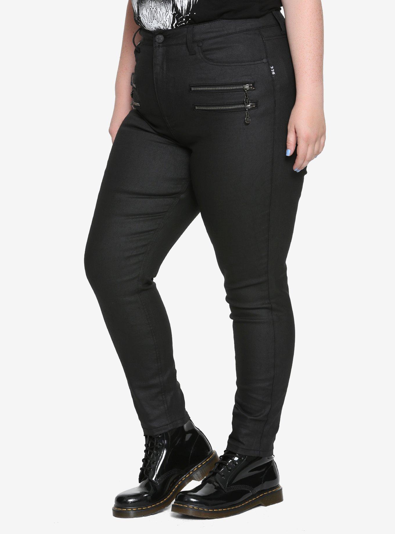 Blackcraft Pentagram Zipper Black Coated Skinny Jeans Plus Size, BLACK, hi-res