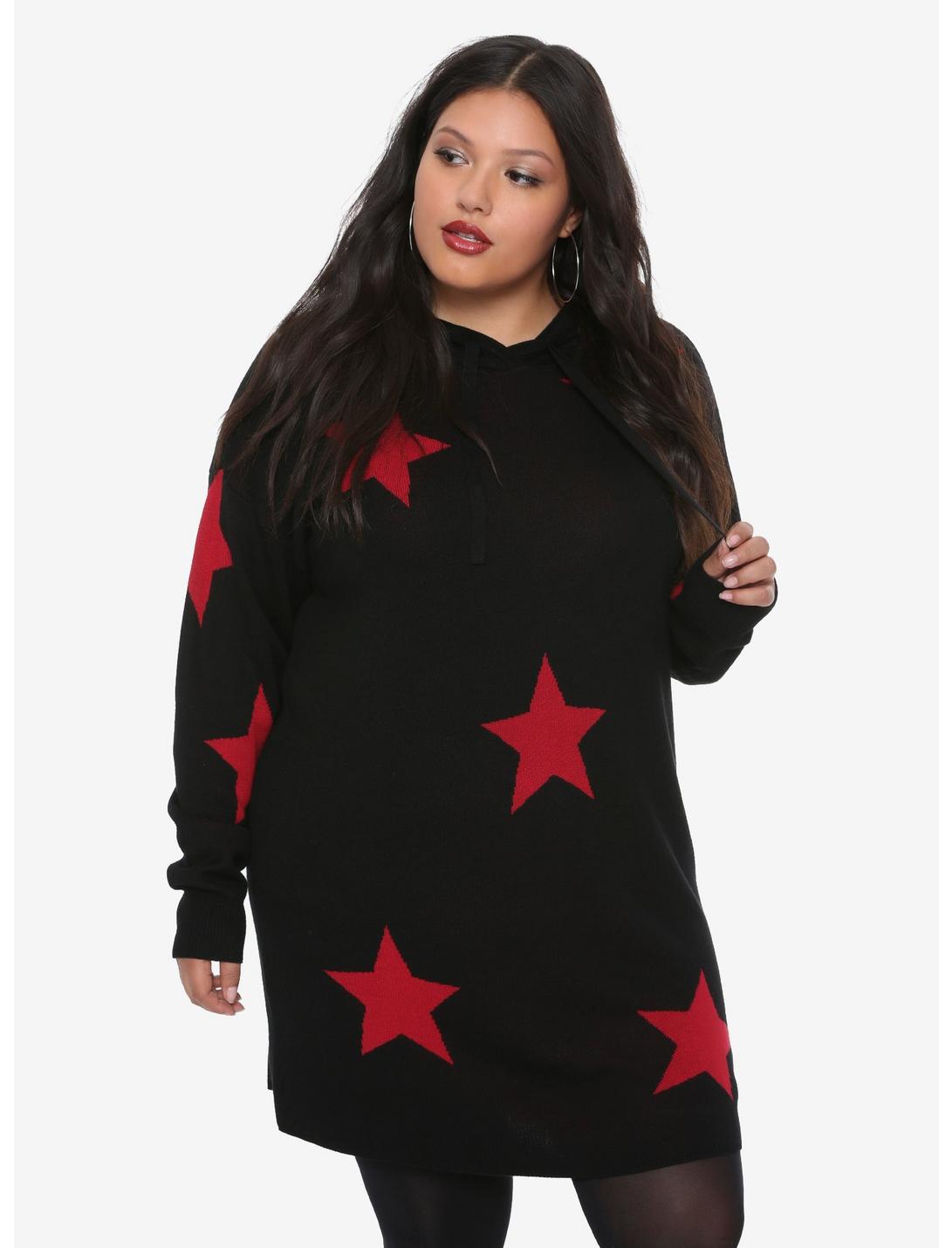 Black & Red Star Girls Hooded Tunic Plus Size, STARPRNT, hi-res
