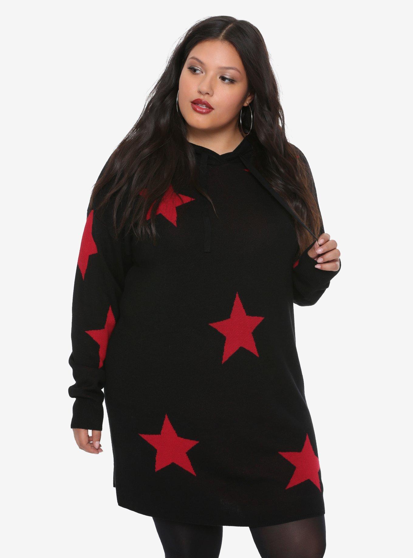 Black & Red Star Girls Hooded Tunic Plus Size, STARPRNT, hi-res