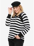 Black & White Stripe Lace-Up Girls Sweater Plus Size, BLACK, hi-res