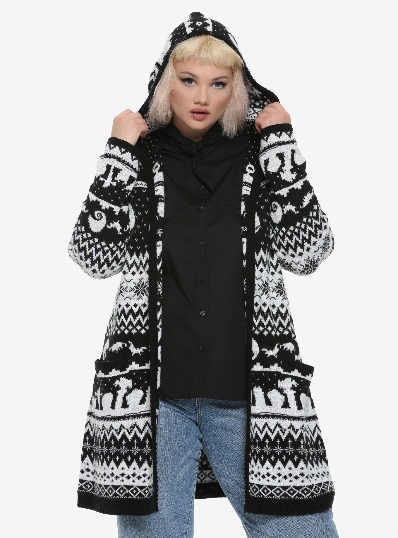 The Nightmare Before Christmas Fair Isle Girls Hooded Flyaway Cardigan Plus Size, WHITE, hi-res