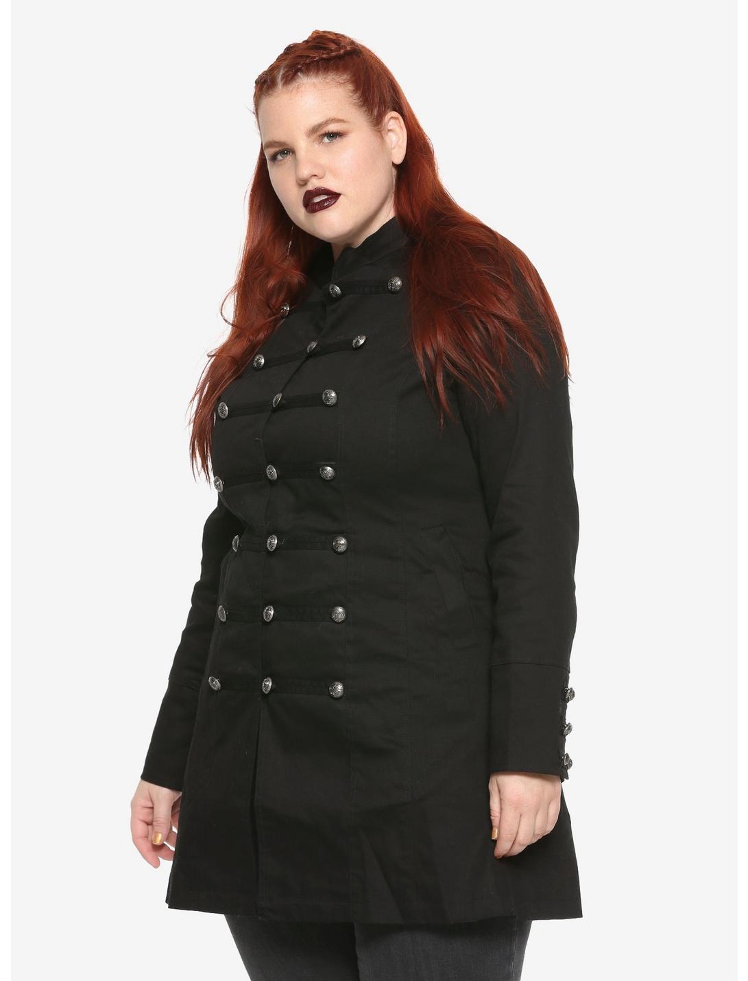 Black Button-Front Military Girls A-Line Jacket Plus Size, BLACK, hi-res