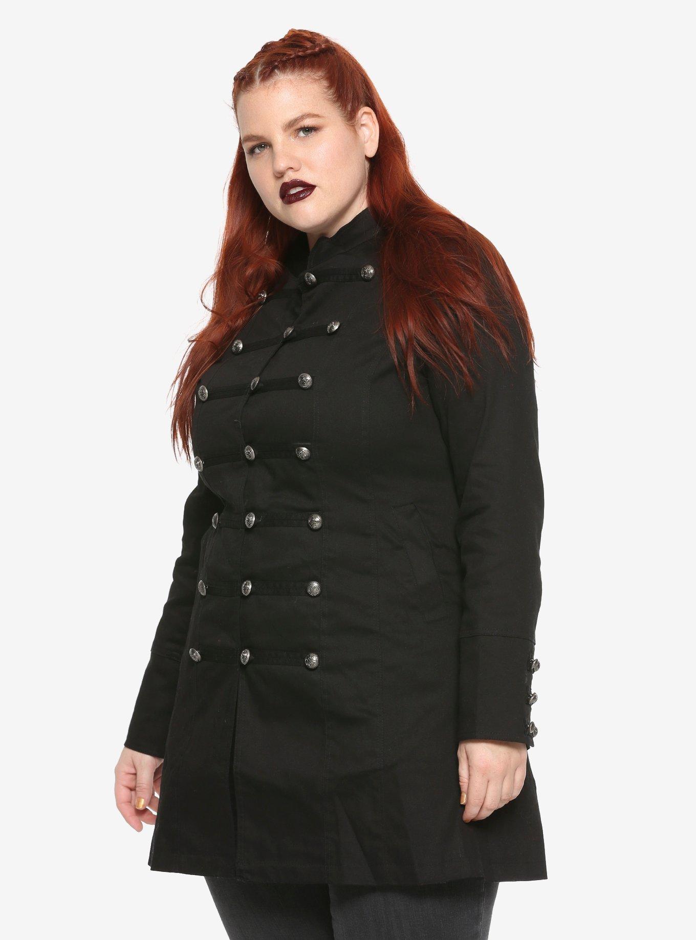 Black Button-Front Military Girls A-Line Jacket Plus Size, BLACK, hi-res