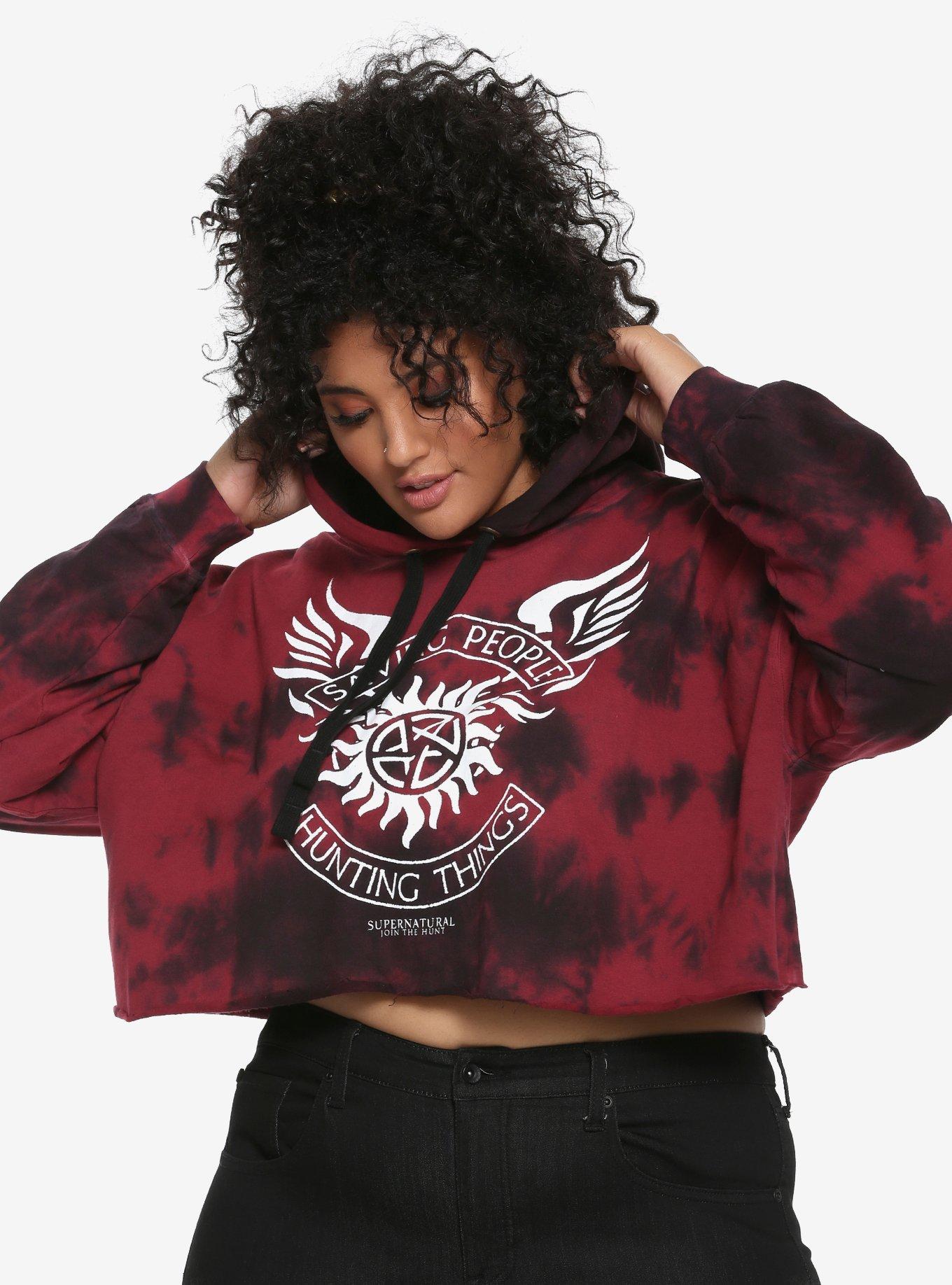 Supernatural Tie Dye Girls Cropped Hoodie Plus Size, RED, hi-res