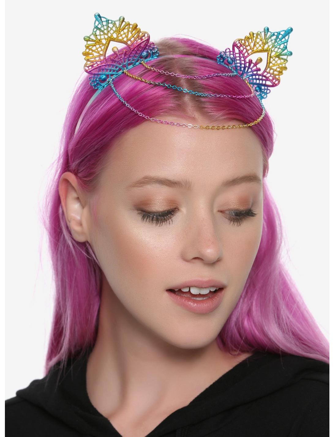 Rainbow Anodized Chain Cat Ear Headband, , hi-res